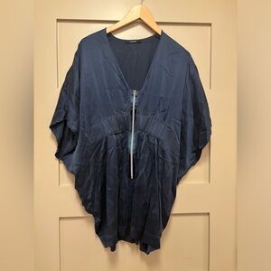 STEFANEL Silk Navy Mini Dress V Cocoon Batwing Elastic Waist Relaxed Zipper Y2K
